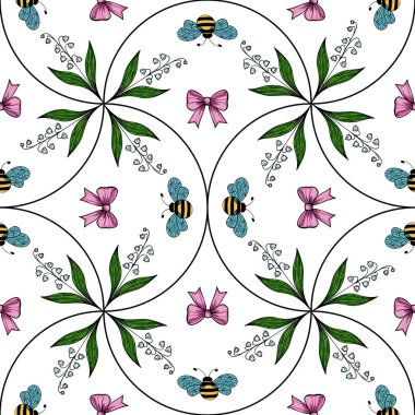 Arılar, çiçekler ve yaylardan oluşan kusursuz bir vektör deseni. Tasarım renkli arıları, pembe yayları ve yeşil yaprakları içerir. Beyaz arka planda simetrik bir düzende sıralanmıştır..