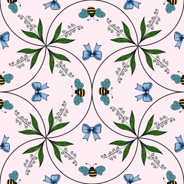 Yeşil yapraklar, mavi fiyonklar ve yumuşak pembe arka planda arılardan oluşan kusursuz bir çiçek deseni. Tasarım simetrik ve karmaşıktır, tekstil veya duvar kağıtları için idealdir..