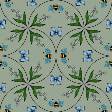 Arılar, mavi yaylar ve sessiz yeşil arka planda yeşil yapraklardan oluşan kusursuz bir vektör deseni. Tasarım simetrik ve çiçekli. Tuhaf ve doğadan esinlenilmiş bir görünüm yaratıyor..