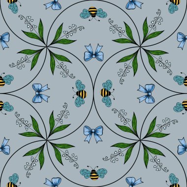 Açık mavi arka planda mavi kelebekler, arılar ve yeşil yapraklardan oluşan pürüzsüz bir desen. Tasarım, çiçek elementleri ve hassas detaylarla simetriktir..