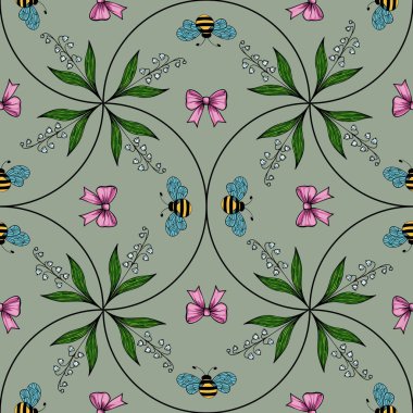Arılar, pembe yaylar ve sessiz yeşil arka planda yeşil yapraklardan oluşan kusursuz bir vektör deseni. Tasarım simetrik ve çiçekli. Tuhaf ve neşeli bir estetik yaratıyor..