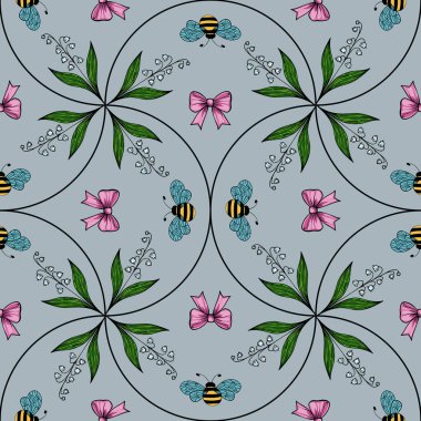 Açık mavi arka planda arılar, pembe yaylar ve yeşil yapraklardan oluşan kusursuz bir vektör deseni. Tasarım, çiçek elementleri ve hassas detaylarla simetriktir..