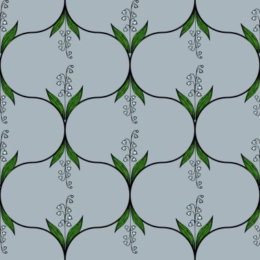 Şekillendirilmiş yeşil yapraklar ve yumuşak mavi arka planda narin çiçek elementleri içeren kusursuz bir vektör deseni. Tasarım simetrik ve zarif, tekstil veya duvar kağıtları için uygun.