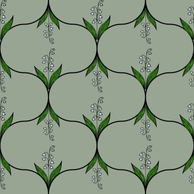 Yeşil yapraklar ve soluk yeşil arka planda narin mavi çiçeklerden oluşan kusursuz bir çiçek deseni. Tasarım simetrik ve zarif, tekstil veya duvar kağıtları için uygun.