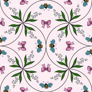 Pembe yaylar, arılar ve açık pembe arka planda yeşil yapraklardan oluşan kusursuz bir çiçek deseni. Tasarım, kaprisli ve eğlenceli bir estetik ile simetrik..