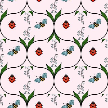 Yeşil yapraklar ve yumuşak pembe arka planda narin sarmaşıklarla çevrili uğur böcekleri ve arıları içeren tuhaf bir vektör deseni..