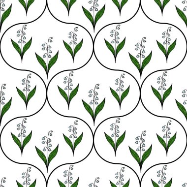 Beyaz arka planda tekrarlayan dairesel bir dizayn ile düzenlenmiş yeşil yapraklı, narin çiçekleri içeren kusursuz bir vektör deseni..