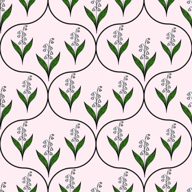 Yumuşak pembe arka planda yeşil yapraklı vadi çiçeklerinin narin zambaklarını içeren pürüzsüz bir desen. Tasarım siyah çizgili dairesel şekillerle çevrili..