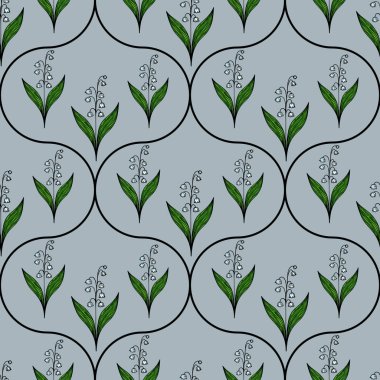 Açık mavi arka planda yeşil yapraklı, dairesel çizgilerle çevrili, vadideki çiçeklerin biçimlendirilmiş zambaklarını içeren, pürüzsüz bir desen..