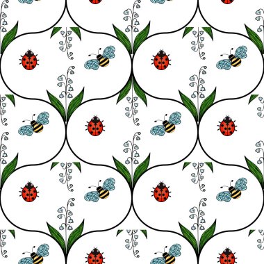 Beyaz arka planda yeşil yapraklar ve sarmaşıklarla çevrili uğur böcekleri ve arılardan oluşan tuhaf bir vektör deseni..