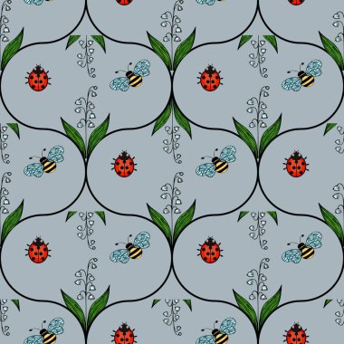 Açık mavi arka planda yeşil yapraklar arasında uğur böcekleri ve arıları barındıran garip bir vektör deseni. Tasarım eğlenceli ve renkli, kumaş veya duvar kağıdı için mükemmel..