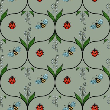 Yeşil yapraklar arasında uğur böcekleri ve arıların ve soluk yeşil arka planda narin çiçeklerin bulunduğu kusursuz bir vektör deseni..