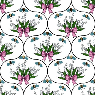 Mavi kelebekler ve arılarla çevrili pembe kurdelelerle bağlanmış çiçek buketlerinin beyaz arka planda oluşturduğu pürüzsüz bir desen..