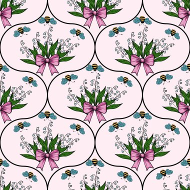 Mavi kelebekler ve arılarla çevrili pembe kurdelelerle bağlanmış çiçek buketlerinin açık pembe arka planda tekrar eden bir desen..