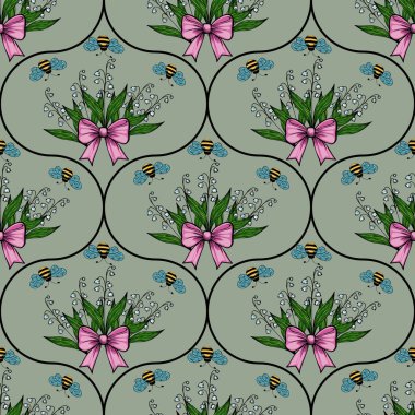 Arılarla ve kelebeklerle çevrili pembe fiyonklu çiçek buketlerinin seslerini tekrarlayan bir desen, soluk yeşil arka planda yer alır..