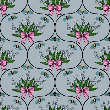 Pembe kurdeleli buketler, mavi kelebekler ve açık mavi arka planda arılar içeren pürüzsüz bir desen. Tasarım kaprisli ve renkli, kumaş veya duvar kağıdı için mükemmel..