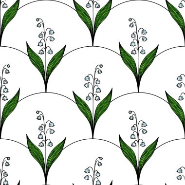 Beyaz arka planda yeşil yapraklı vadi çiçeklerinin stilize edilmiş zambaklarını içeren pürüzsüz bir desen. Tasarım tekstil ya da duvar kağıtları için uygun, yinelemeli ve zarif..