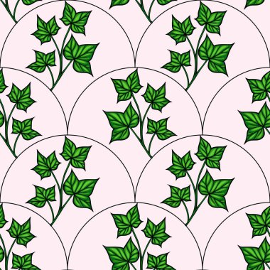 Açık pembe arka planda dairesel şekillerde sıralanmış yeşil sarmaşık yapraklarından oluşan kusursuz bir vektör deseni. Tasarım canlı ve botanik, tekstil veya duvar kağıtları için uygun..