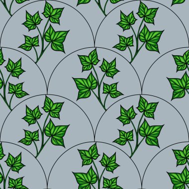 Açık mavi arkaplanda yeşil sarmaşık yaprakları içeren dairesel bir dizayn düzenlenmiş, pürüzsüz bir vektör deseni. Yapraklar detaylı ve canlı, doğal ve taze bir estetik oluşturuyor..