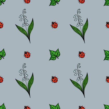 Yeşil yapraklar, beyaz çan şeklinde çiçekler ve açık mavi arka planda kırmızı uğur böcekleri içeren kusursuz bir vektör deseni..