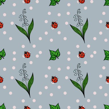 Uğur böcekleri, yeşil yapraklar ve açık mavi benekli vadi çiçekleri içeren kusursuz bir vektör deseni..