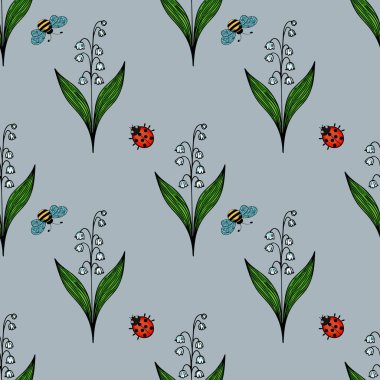 Açık mavi bir arka planda, vadi çiçekleri, arılar ve uğur böceklerinin biçimlendirilmiş zambaklarını içeren kusursuz bir vektör deseni..