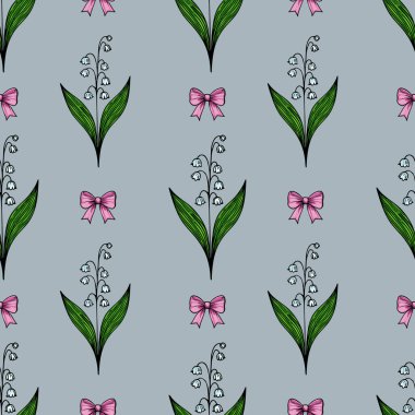 Yumuşak mavi arka planda yeşil yapraklı ve pembe fiyonklu vadideki çiçeklerin narin zambaklarını içeren pürüzsüz bir desen..