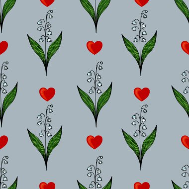 Beyaz taç yapraklı, yeşil yapraklı, açık mavi arkaplan üzerinde kırmızı kalpler bulunan biçimlendirilmiş, kusursuz bir desen..