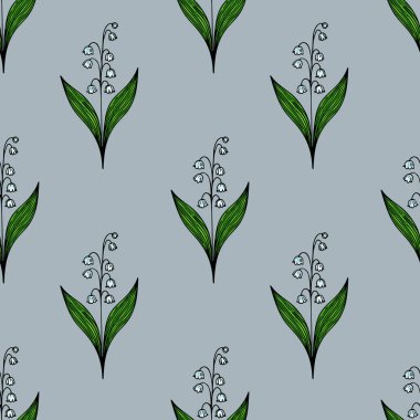 Yumuşak mavi arka planda yeşil yapraklı, vadideki çiçeklerin narin zambaklarını içeren pürüzsüz bir desen..