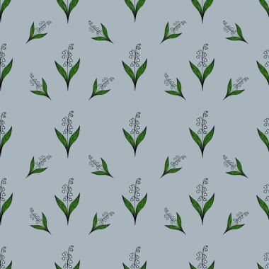 Açık mavi arka planda yeşil yapraklı narin çiçekleri içeren kusursuz bir vektör deseni. Çiçeklerin küçük beyaz taç yaprakları vardır ve tekrar tekrar dizayn edilir..