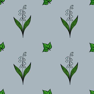 Açık mavi arka planda, vadi çiçekleri ve yeşil yaprakların stilize edilmiş zambaklarını içeren kusursuz bir vektör deseni..