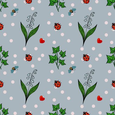 Açık mavi arka planda uğur böcekleri, arılar ve çiçeklerden oluşan garip bir vektör deseni. Tasarım yeşil yapraklar, kırmızı kalpler ve beyaz benekler içeriyor, neşeli bir atmosfer yaratıyor..