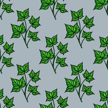 Açık mavi bir arkaplanda yeşil sarmaşık yaprakları olan kusursuz bir vektör deseni. Tasarım çeşitli sarmaşık yaprağı düzenlemeleri sergiliyor, doğal ve organik bir his yaratıyor..