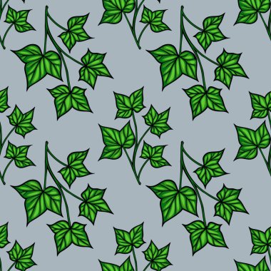 Açık mavi arka planda çeşitli yeşil sarmaşık yapraklarından oluşan kusursuz bir vektör deseni. Yapraklar ince çizgilerle gösteriliyor, karmaşık şekillerini ve dokularını sergiliyorlar..