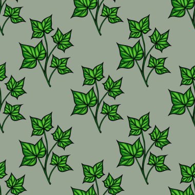 Yeşil sarmaşık yapraklarının sessiz yeşil arka planda olduğu kusursuz bir vektör deseni. Yapraklar, doğal ve organik bir his yaratan ayrıntılı damarlar ve değişik şekillerle resmedilmiş..