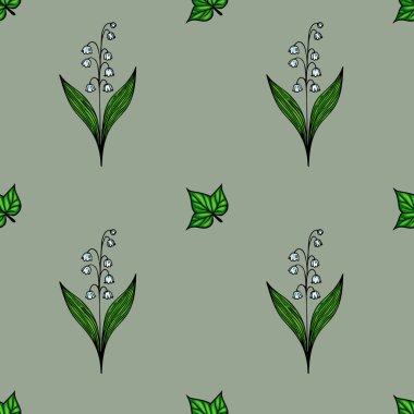 Vadi çiçeklerinin stilize edilmiş zambakları ve sessiz yeşil arka planda yeşil yaprakları içeren pürüzsüz bir desen..