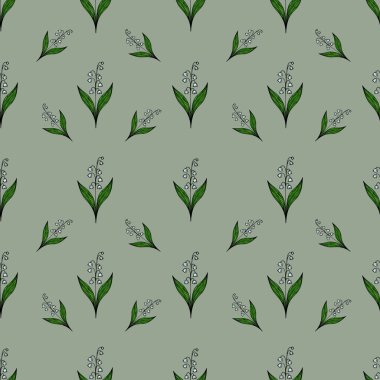 Yeşil bir arka planda yeşil yapraklı, vadideki çiçeklerin narin zambaklarını içeren kusursuz bir vektör deseni..