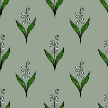 Yeşil yapraklı, soluk yeşil arka planda, vadideki çiçeklerin narin zambaklarını içeren kusursuz bir vektör deseni..