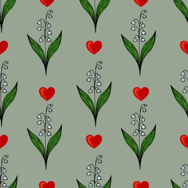 Yeşil yapraklı biçimlendirilmiş çiçekleri, yeşil yapraklı beyaz zambak çiçekleri ve soluk yeşil arka planda kırmızı kalpler içeren kusursuz bir vektör deseni..