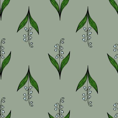 Yeşil yapraklı, soluk yeşil arka planda, vadi çiçeklerinin biçimlendirilmiş zambaklarını içeren kusursuz bir vektör deseni..