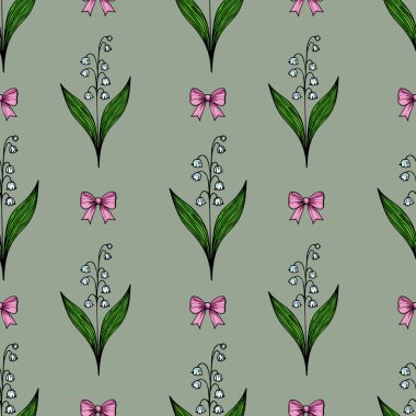 Yeşil arka planda pembe fiyonklu vadi çiçeklerinin narin zambaklarını içeren kusursuz bir vektör deseni. Tasarım zarif ve çiçeklidir. Tekstil ve duvar kağıtları için uygundur..