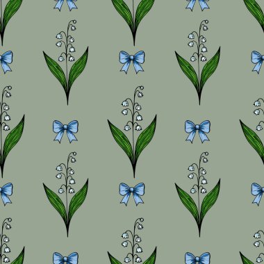 Yeşil yapraklı ve mavi fiyonklu, soluk yeşil arka planda, vadideki çiçeklerin biçimlendirilmiş zambaklarını içeren kusursuz bir vektör deseni..