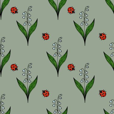 Yeşil yapraklar, vadi çiçeklerinin beyaz zambakları ve soluk yeşil arka planda kırmızı uğur böcekleri içeren kusursuz bir vektör deseni..