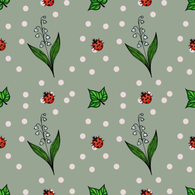 Uğur böcekleri, zambak vadisi çiçekleri ve pembe benekli, soluk yeşil arka planda yeşil yapraklar içeren kusursuz bir vektör deseni..