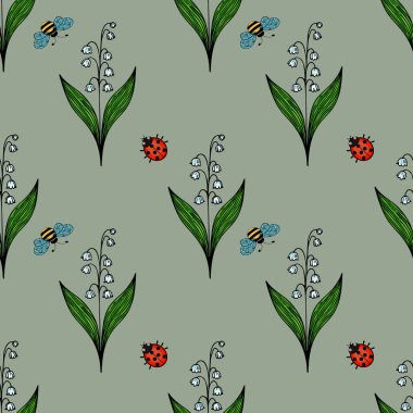 Yeşil yaprakları, vadideki beyaz zambakları, mavi arıları ve yumuşak yeşil arka planda kırmızı uğur böceklerini içeren kusursuz bir vektör deseni..