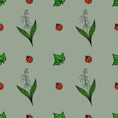 Sessizleştirilmiş yeşil arka planda, vadi çiçekleri, yeşil yapraklar ve kırmızı uğur böceklerinin el çizimleri içeren kusursuz bir vektör deseni..