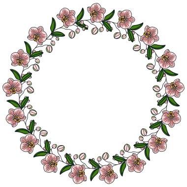 Pembe orkideler ve yeşil yapraklardan oluşan dairesel bir çiçek çerçevesi, davetiyeler veya dekoratif amaçlar için idealdir..