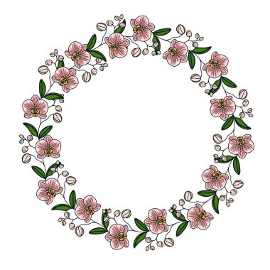 Küçük tomurcuklar ve çiçeklerle birlikte pembe çiçekler ve yeşil yapraklardan oluşan dairesel bir çiçek tasarımı. Düzenleme simetrik ve dekoratiftir, davetiyeler veya tebrik kartları için uygundur.