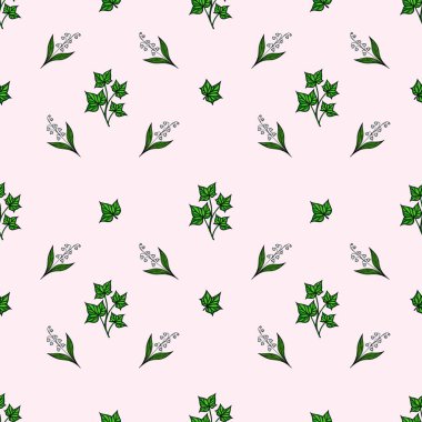 Yumuşak pembe arka planda yeşil yapraklar ve küçük beyaz çiçekler içeren pürüzsüz bir desen. Tasarım hassas ve tekstil veya duvar kağıtları için uygundur..