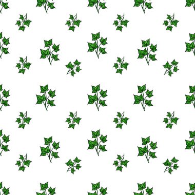 Beyaz arka planda yeşil sarmaşık yaprakları olan kusursuz bir vektör deseni. Yapraklar detaylı ve tekrarlanan bir dizaynla düzenlenmiş, taze ve doğal bir görünüm yaratıyor..